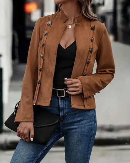 Retro Double-Breasted Blazer Jacket – Elegant Stand Collar Women’s Coat