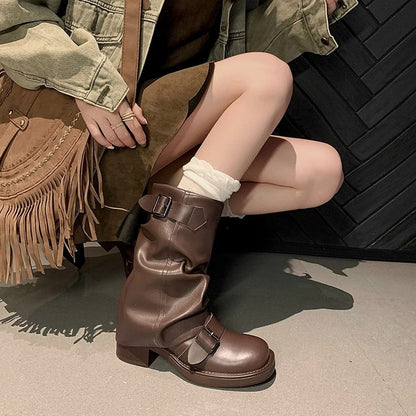 Pleated Buckle PU Leather Mid Calf Women Boots