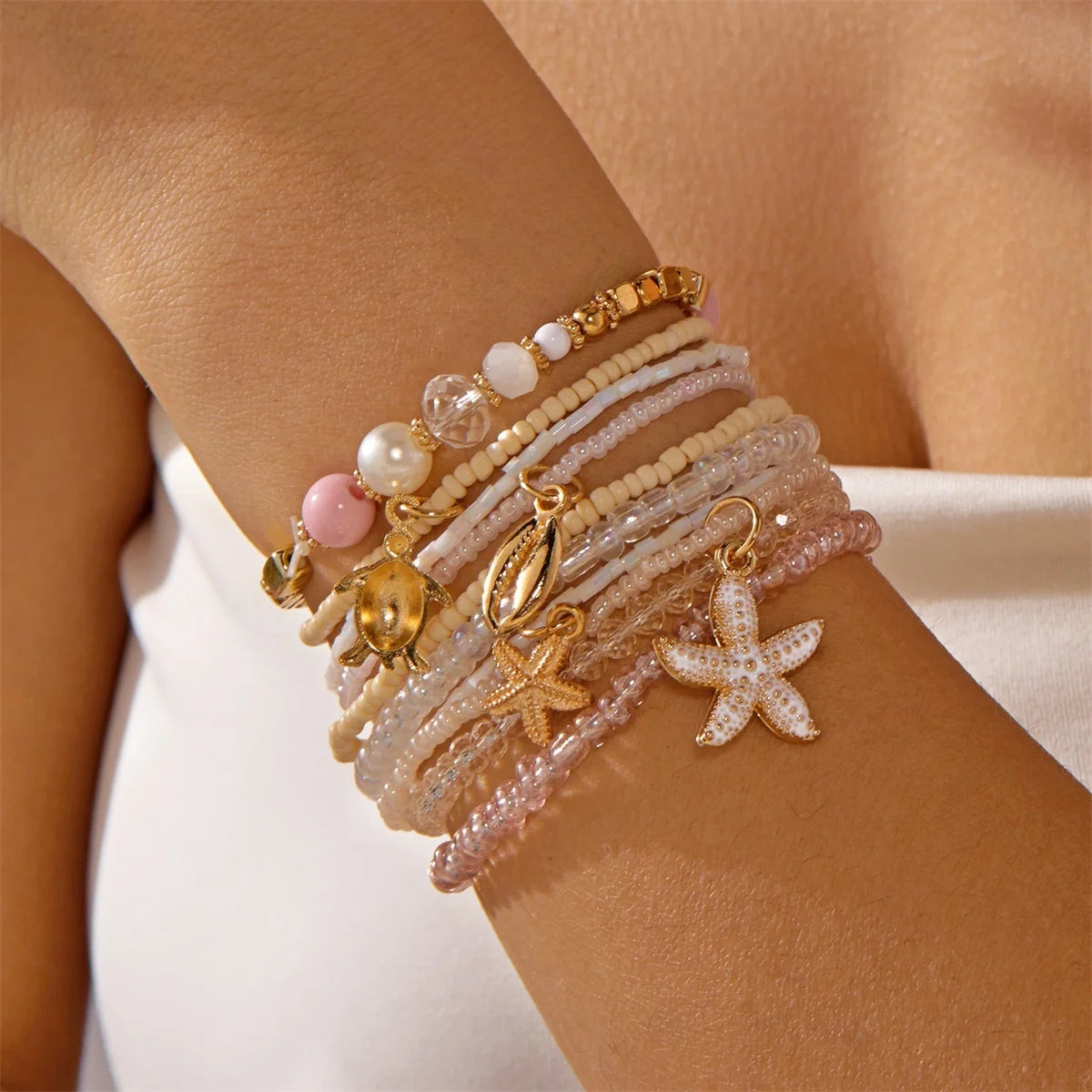 Maldives Luxury Resort Vibes - Elegant Pearl & Shell Beach Bracelet Stack