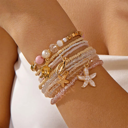 Maldives Luxury Resort Vibes - Elegant Pearl & Shell Beach Bracelet Stack