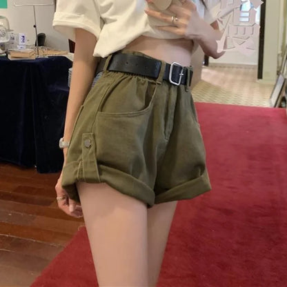 Casual Outing: High-Waisted Khaki Green Denim Shorts