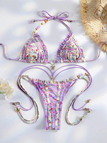 Purple Floral Ruffle Bikini with Butterfly Charm Aesthetic