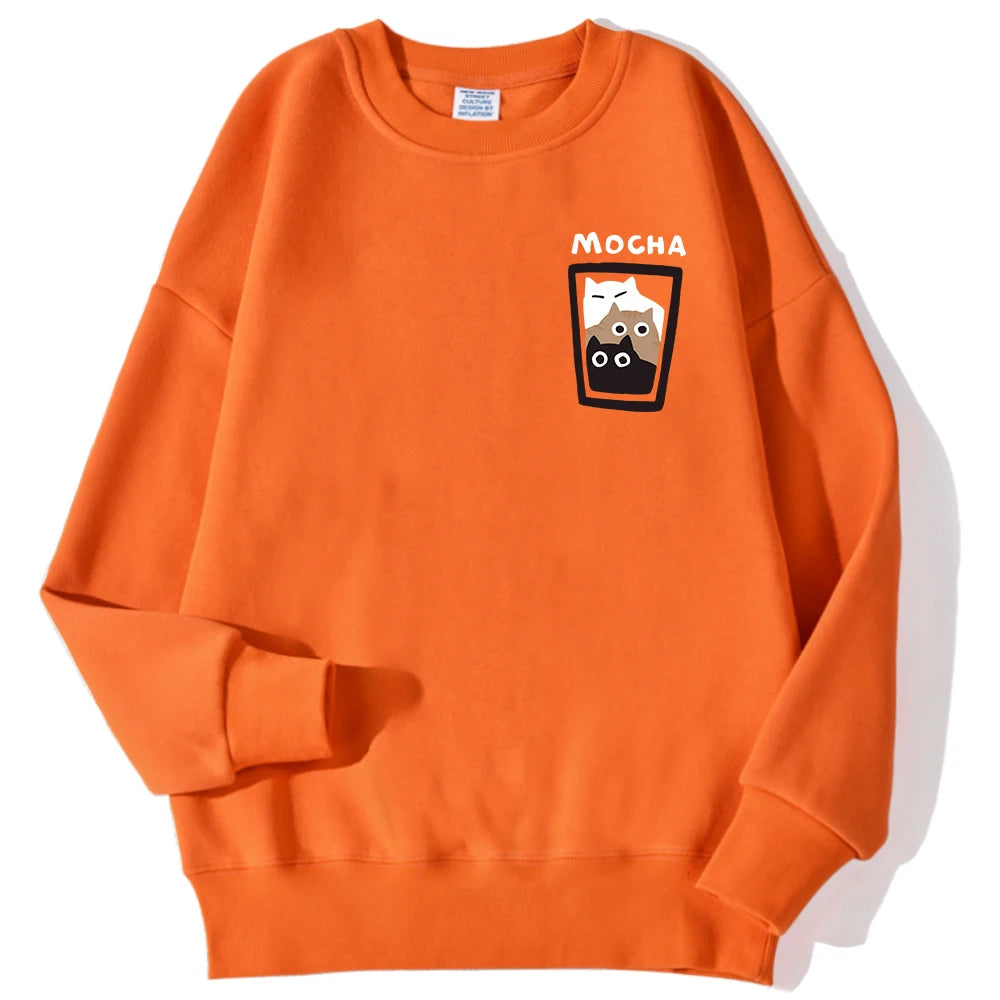 Mocha Cat Cup Printed Crew Neck Sweatshirts