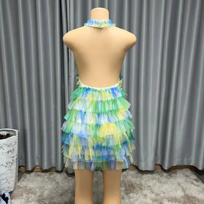 Sexy Mesh Mid Calf Dress For Women Girl Print Halter Cut Out Beach Cover Up