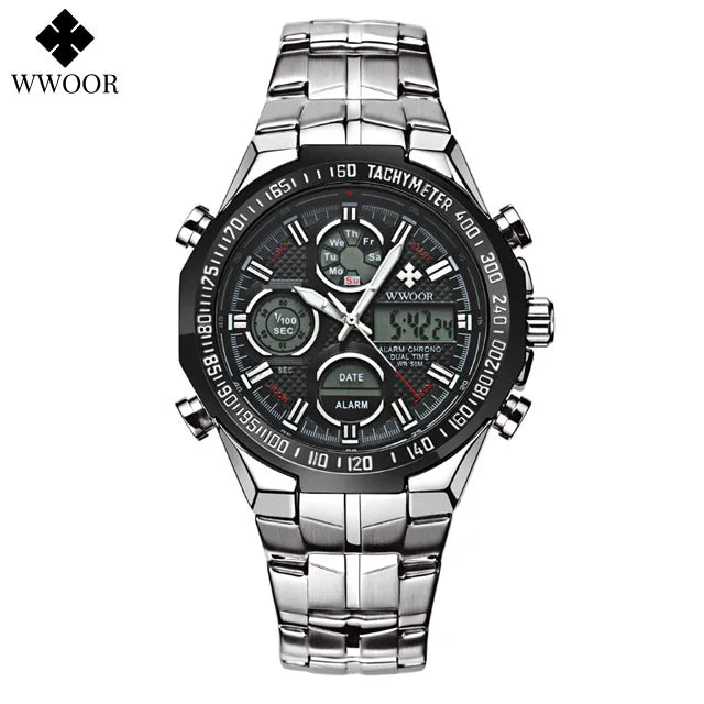 Mens Dual Rich Display Stainless Steel Golden Class Watches