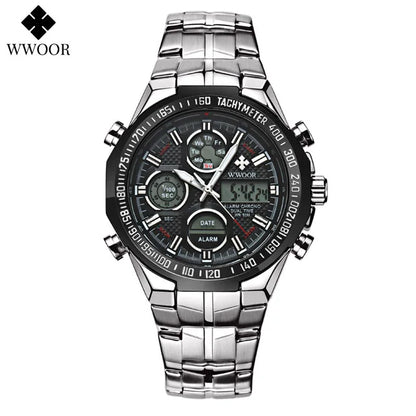 Mens Dual Rich Display Stainless Steel Golden Class Watches