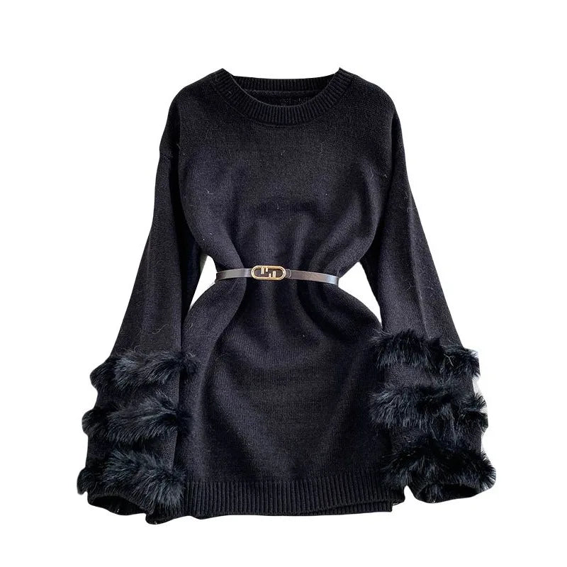 Women Chic Fluffy Fur Sleeve Sweaters
