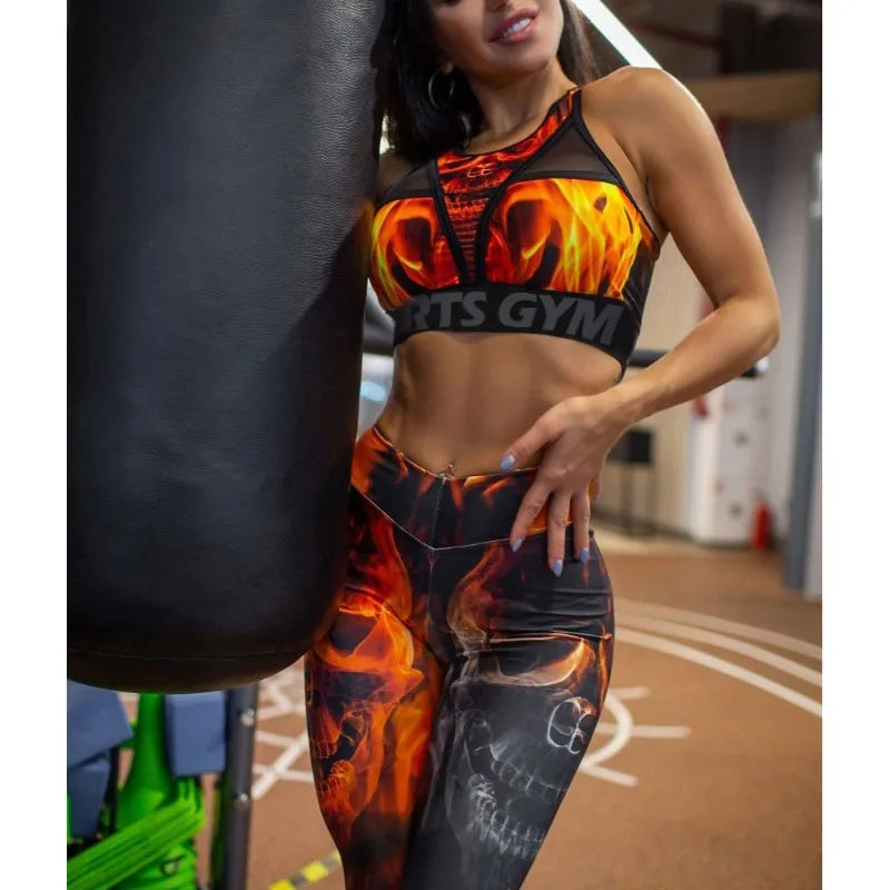 Red Printed Mesh Sportswear Set Tank Top Leggings For Women