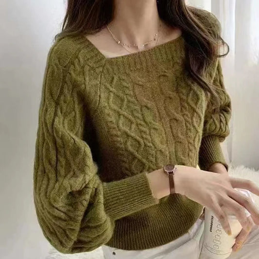 Women Square Neck Thicken Rib Lantern Sleeve Sweaters