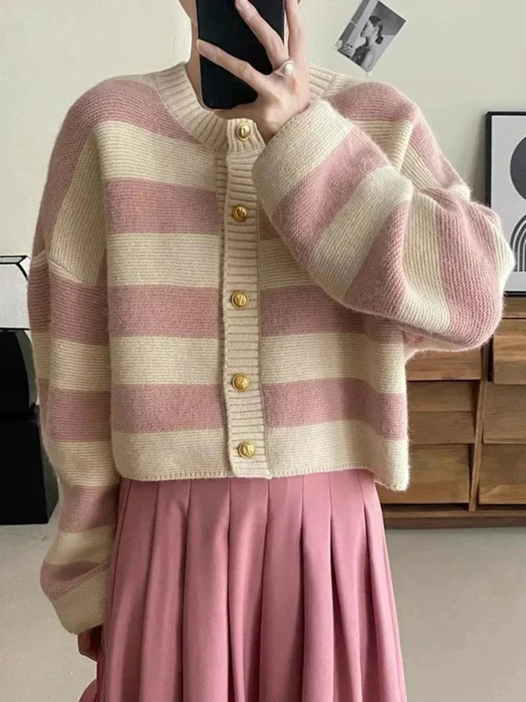 Parisian Playfulness: The Signature Cherry-Striped Cropped Cardigan