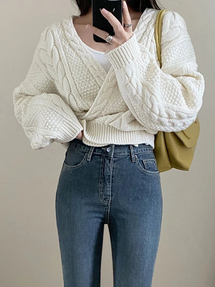Women Deep V Neck Knitted Cardigan Sweater