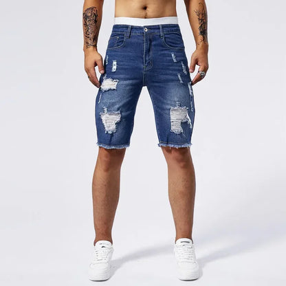 Men Stretch Light Blue Ripped Denim Shorts