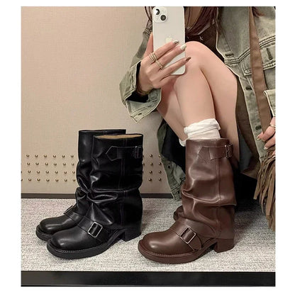 Pleated Buckle Pu Leather Mid Calf Women Boots