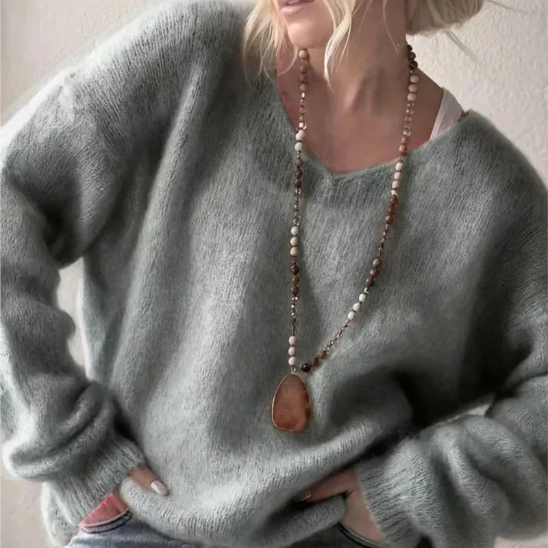 2025 Women S Solid Color Long Sleeved V Neck Cotton Linen Loose Top Fashionable Casual Sweater