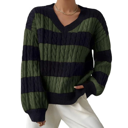 2025 Womens Stripe Knitted Sweater Long Sleeve V Neck Cropped Top Loose Fit Spring Versatile Warm Knit