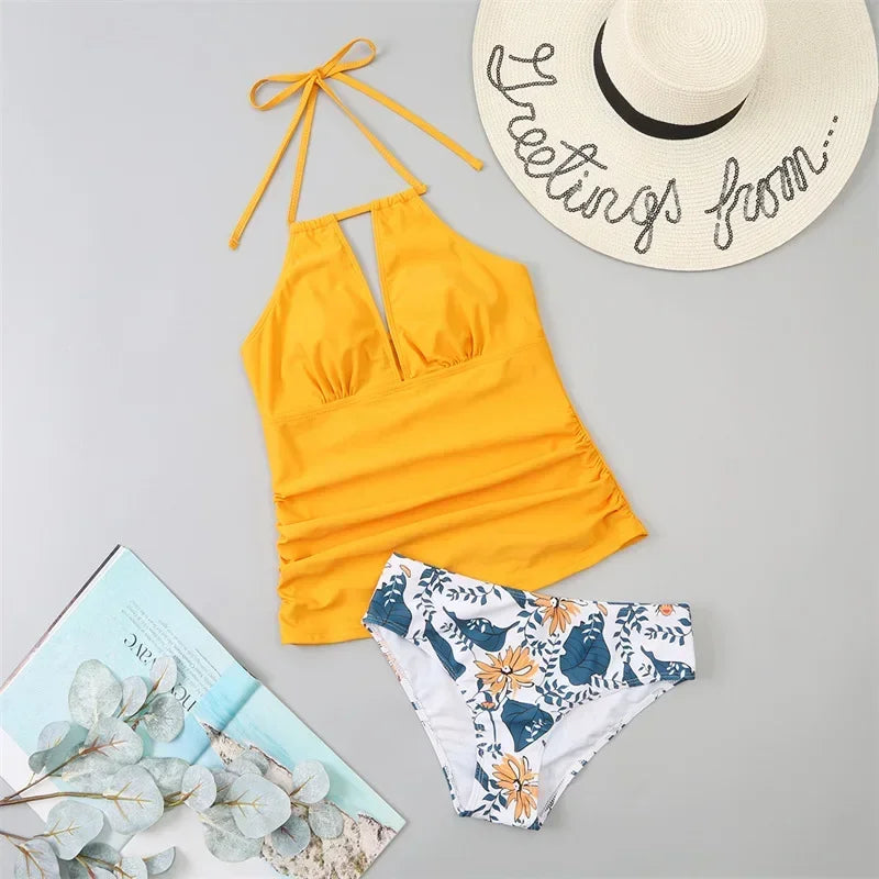 Yellow Halter Neck Ruched Tankini Aesthetic