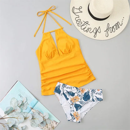 Yellow Halter Neck Ruched Tankini Aesthetic