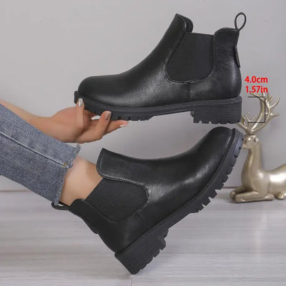 Women Cow Leather Round Toe Thick Sole Ankle Chelsea Boots