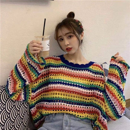 Women Rainbow Colorful Stripe Sweaters