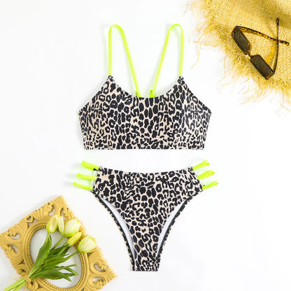 2025 Sexy Green Leopard Print Bikini Set Womens Knotted Push Up Swimsuit Beach Bathing Suit Swimwear