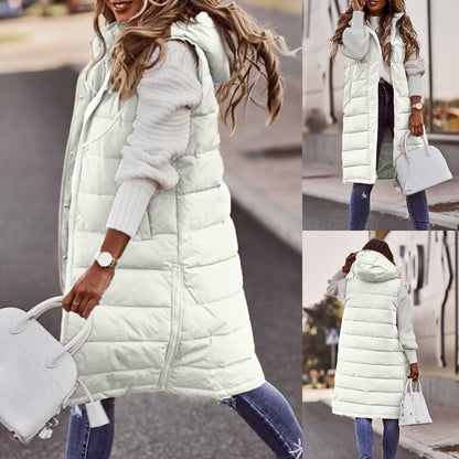 2025 Women's Long Winter Quilted Hooded Vest, Sleeveless Down Cotton Jacket with Pockets, Warm Outdoor Coat S-5XL