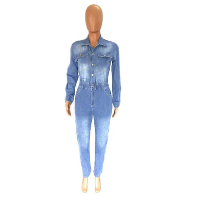 Double-Pocket Half-Open Denim Jumpsuit: Chest Splicing Slim Fit