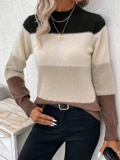 Cozy Chic: Neutral Colorblock Mock Neck Sweater