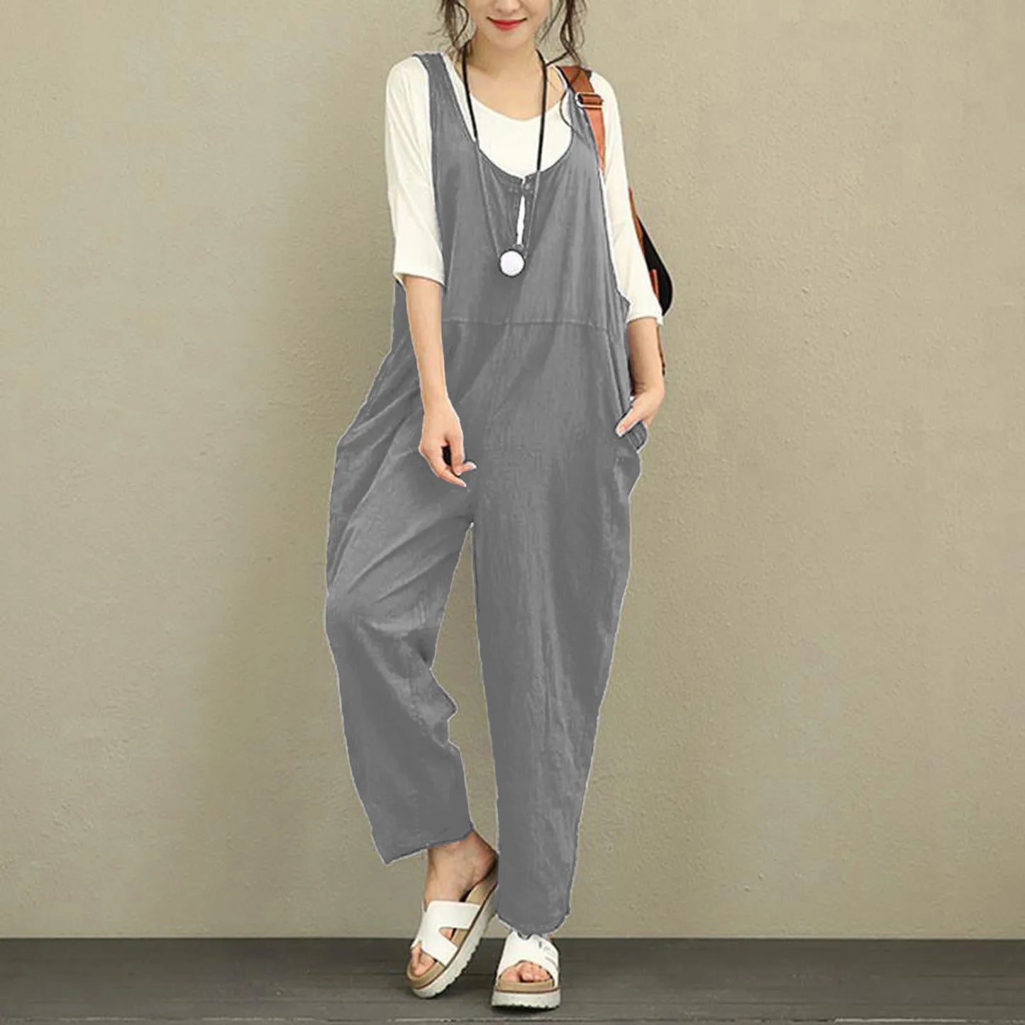 Boho Comfort: Wide-Leg Suspender Cotton Jumpsuit