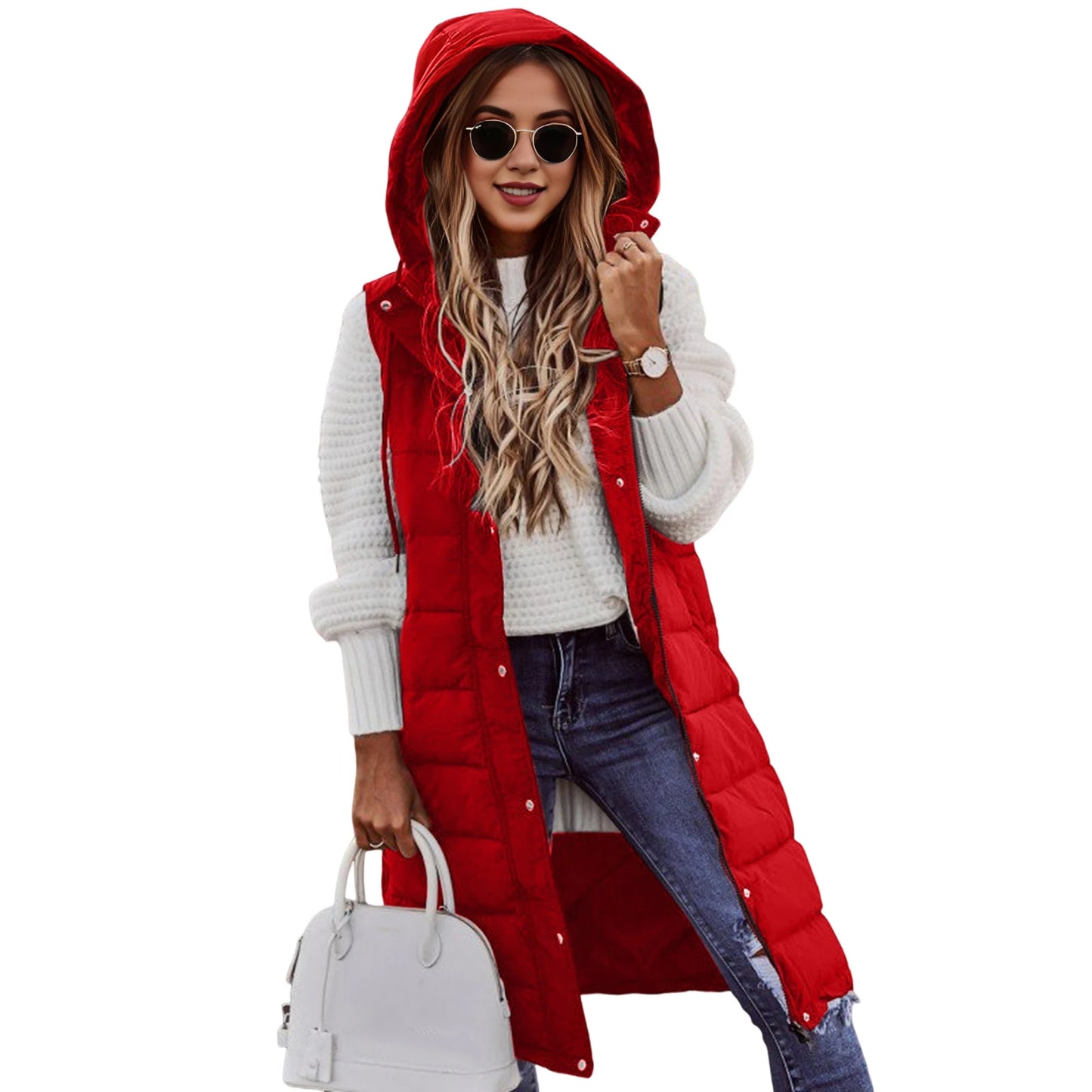 2025 Womens Long Winter Quilted Hooded Vest Sleeveless Down Cotton Jacket With Pockets Warm Outdoor Coat S 5xl