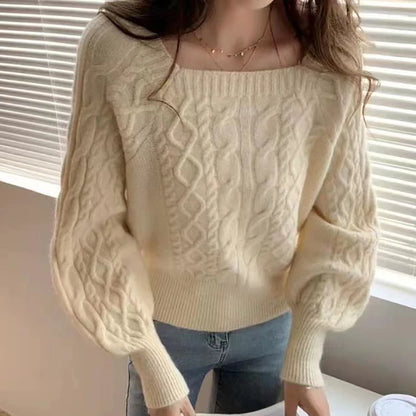 Women Square Neck Thicken Rib Lantern Sleeve Sweaters