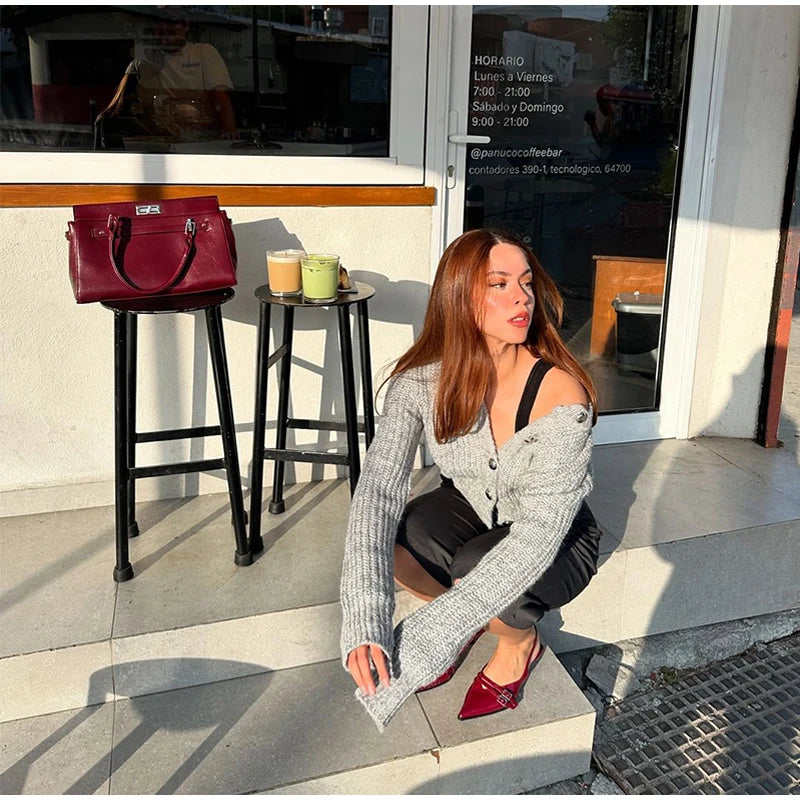 Elegant Gray Knit Cardigan for Women – 2025 Autumn Streetwear