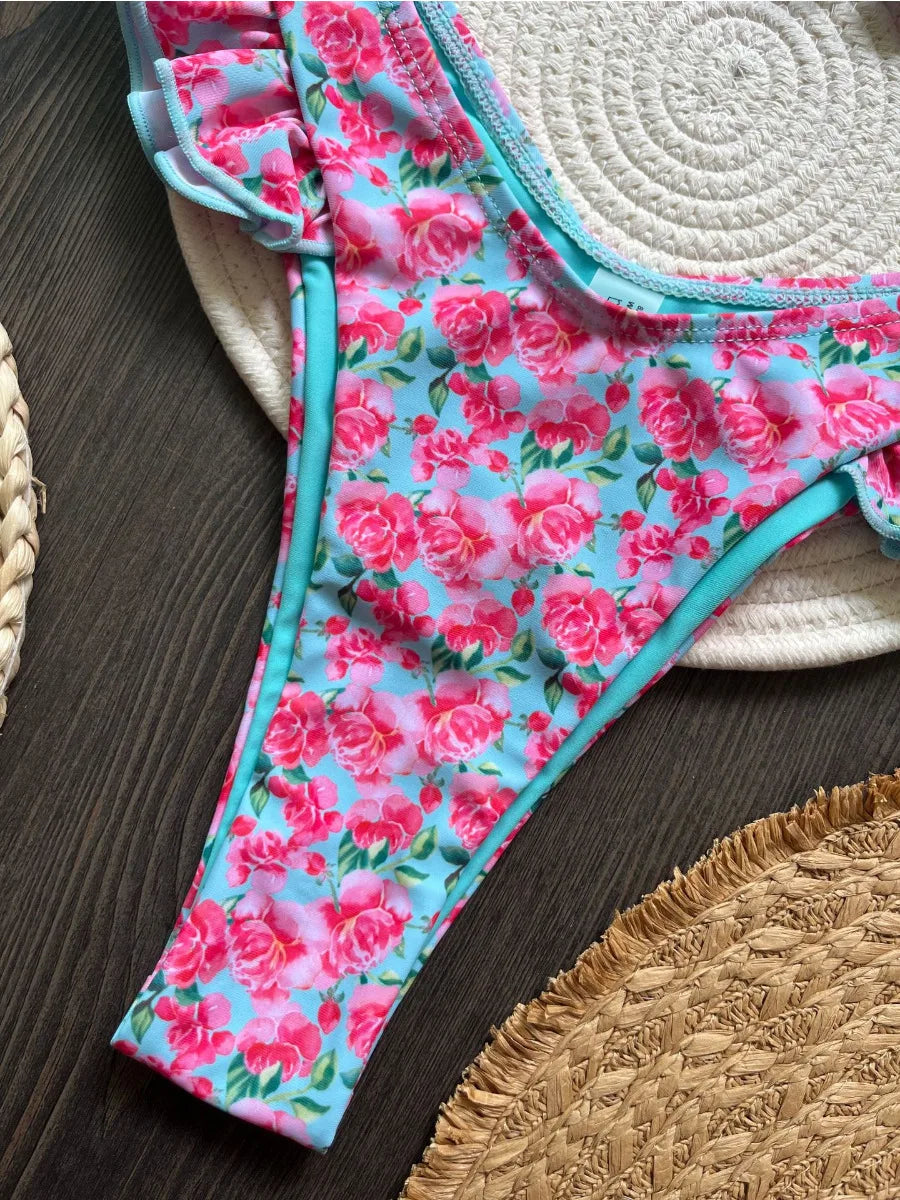 2025 Ruffle Strap Triangle Bikini Set Sexy Push Up Womens Swimwear Solid Color Bathing Suit For Summer Beachwear