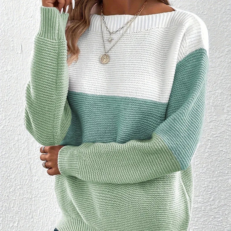Womens Colorful Patchwork Crop Sweater Autumn Casual Knitted Pullover Bare Midriff Coarse Yarn Top