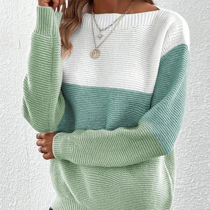 Womens Colorful Patchwork Crop Sweater Autumn Casual Knitted Pullover Bare Midriff Coarse Yarn Top