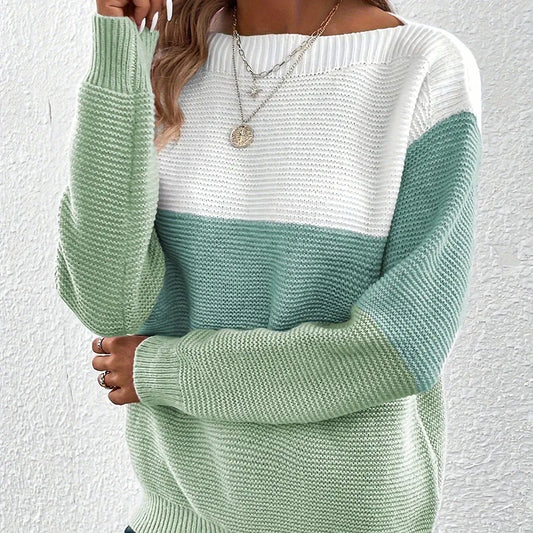 Womens Colorful Patchwork Crop Sweater Autumn Casual Knitted Pullover Bare Midriff Coarse Yarn Top
