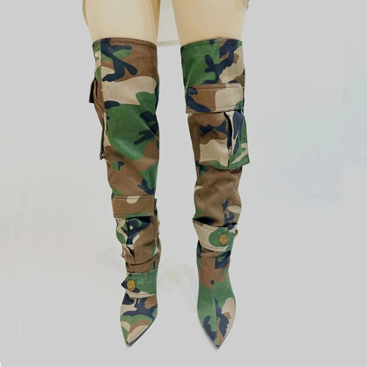 Designer Camouflage Themed Knee Length High Heel Boots