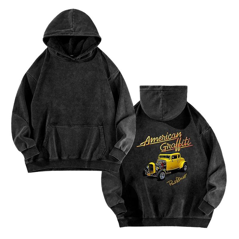 American Graffiti Oversized Cotton Hoodie – Vintage Streetwear Unisex Sweatshirt