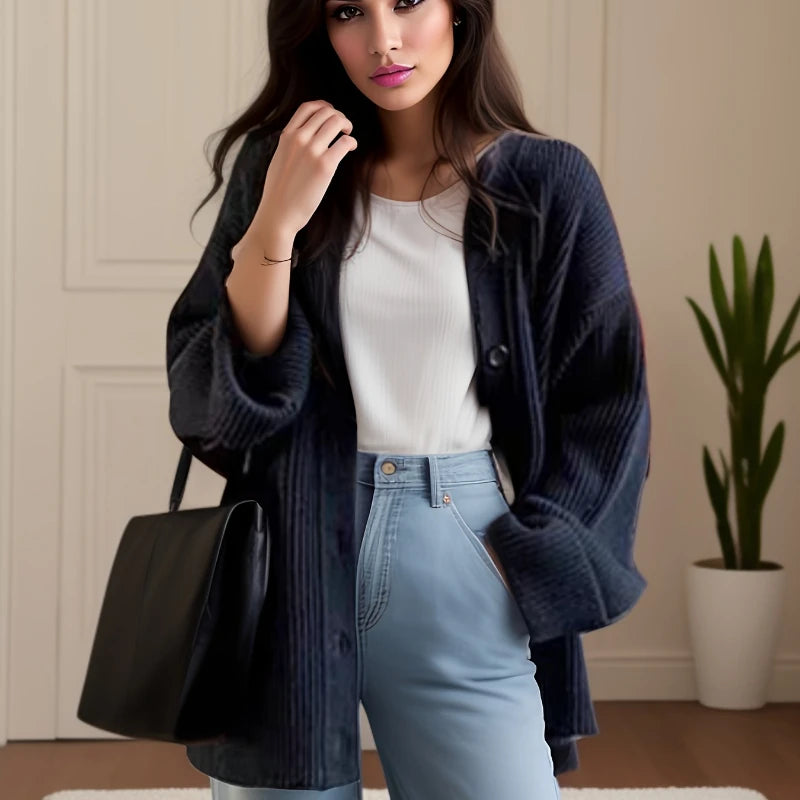 Woman wearing a navy cardigan, white top, and blue jeans, holding a black handbag indoors.