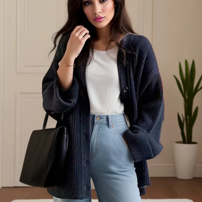 Woman wearing a navy cardigan, white top, and blue jeans, holding a black handbag indoors.
