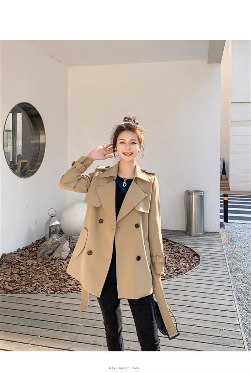 Womens Korean Style Long Khaki Red Trench Coat