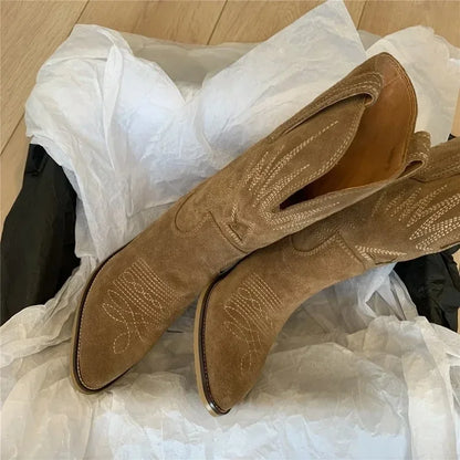 Handmade Leather Womens Boots With Natural Embroidery Pointed Toe Spike Heel Western Retro Style For Autumn Winter 2025