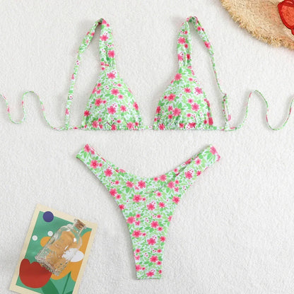 2025 Sexy High Leg Thong Bikini Solid Pink Swimwear 2 Piece Bathing Suit For Women Beachwear