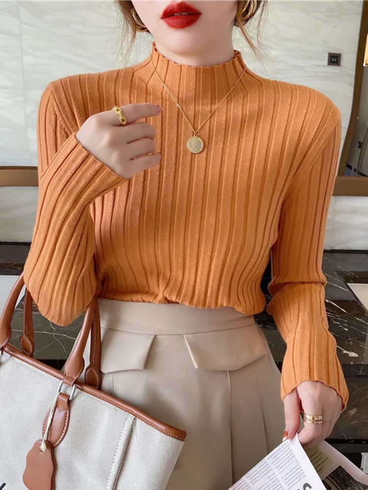 2025 High Neck Ribbed Knitted Sweater Women S Autumn Winter Slim Fit Long Sleeve Pullover Basic Casual Tops