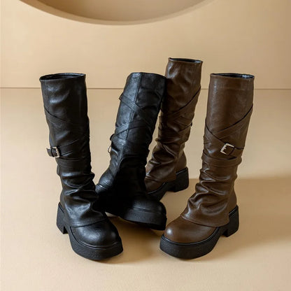 Women’s Knee-High High Heel Riding Boots 2025 – PU Leather Platform Princess Slim Boots