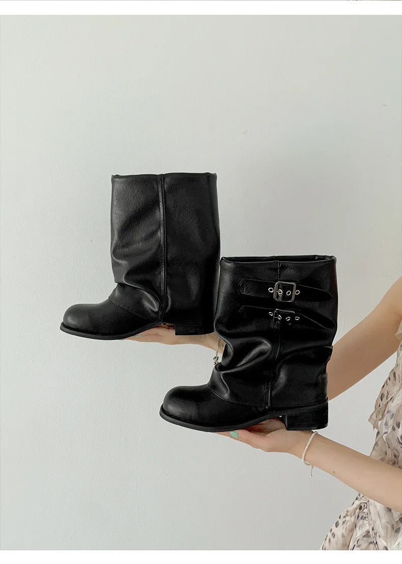 Vintage Western Cowgirl Boots 2025 - Buckle Strap Mid-Calf Boots for Women