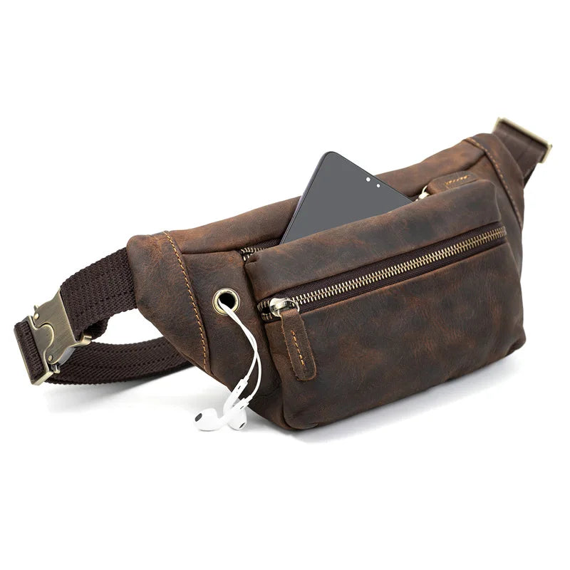 Multi Functional Crazy Horse Leather Phone Waist Bag For Men Cowhide Crossbody Belt Bag