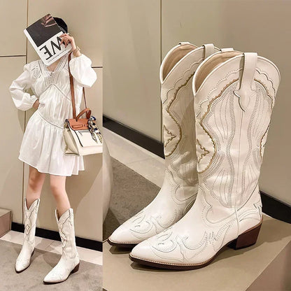 Elegant Art Work Embroidered Western Mid Calf Boots For Women