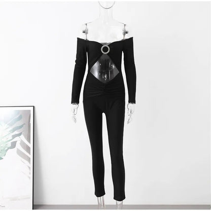 Off-Shoulder Skinny Jumpsuit: Sexy Hollow-Fold Design Long Sleeve