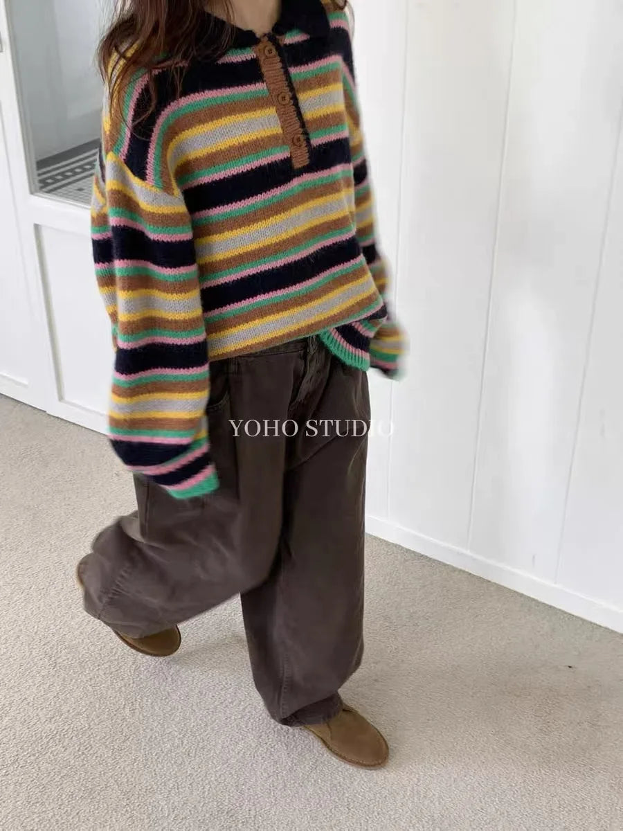 Vintage Cool Design Contrast Stripe Lace Up V Neck Sweater