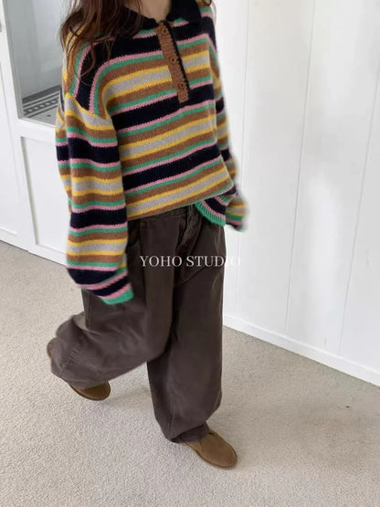 Vintage Cool Design Contrast Stripe Lace Up V Neck Sweater